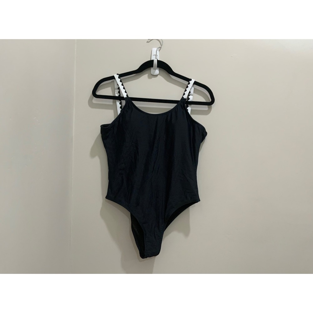 Womens Black One Piece Swimsuit White Ruffle Ric Rac Trim Scoop Back M